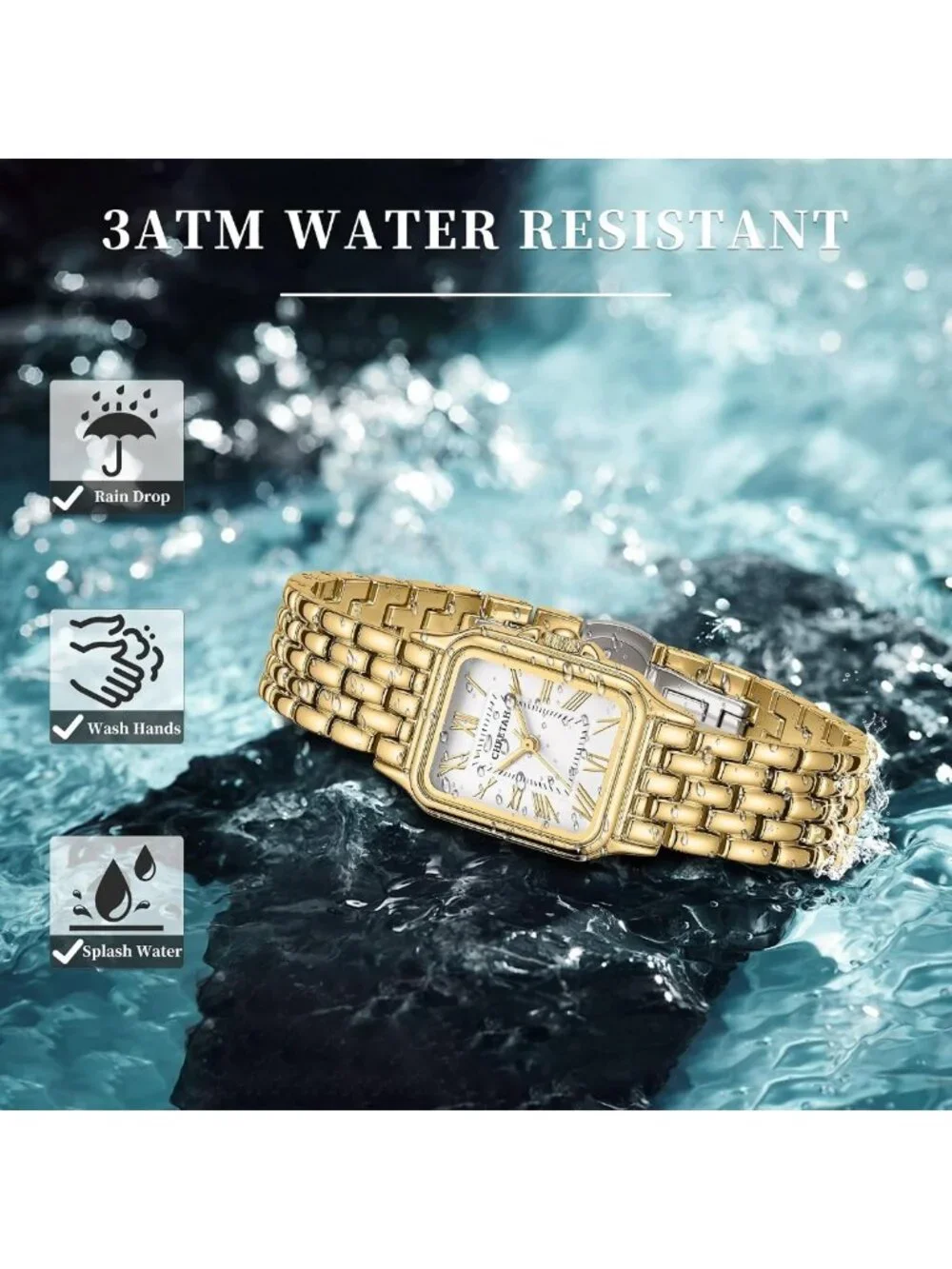 Vintage Cheetah Gold Watch for Women, 26mm Rectangular Case, Waterproof, Metal